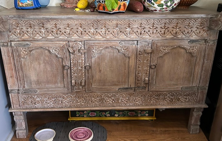 Hand-carved antique whitewash limed grey three-door Rajasthani sideboard with horse corner frieze, Mughal-arch panel doors and iron hardware