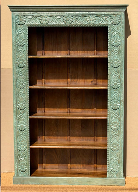 Tall Rajasthani open bookcase with wide antique teal-green carved floral vine and rosette frame and five natural dark walnut mango wood open shelves