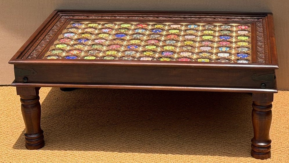 Mango Wood Coffee Table — Hand-Painted Ceramic Tile Top with Glass Cover & Handmade Brass Accents