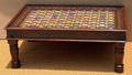 Mango Wood Coffee Table — Hand-Painted Ceramic Tile Top with Glass Cover & Handmade Brass Accents