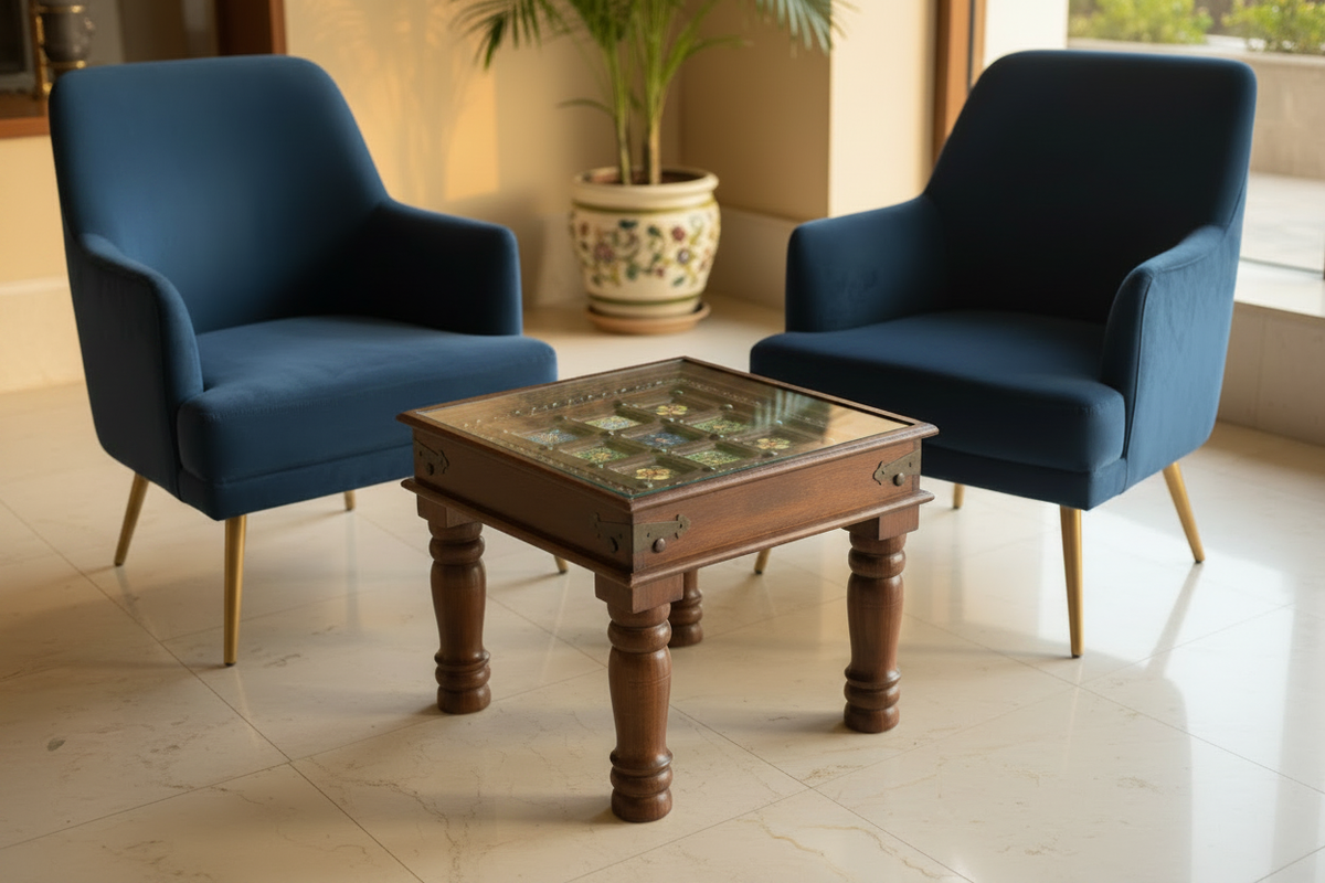 Ceramic Tile Side Table — Glass Top Hotel Lounge