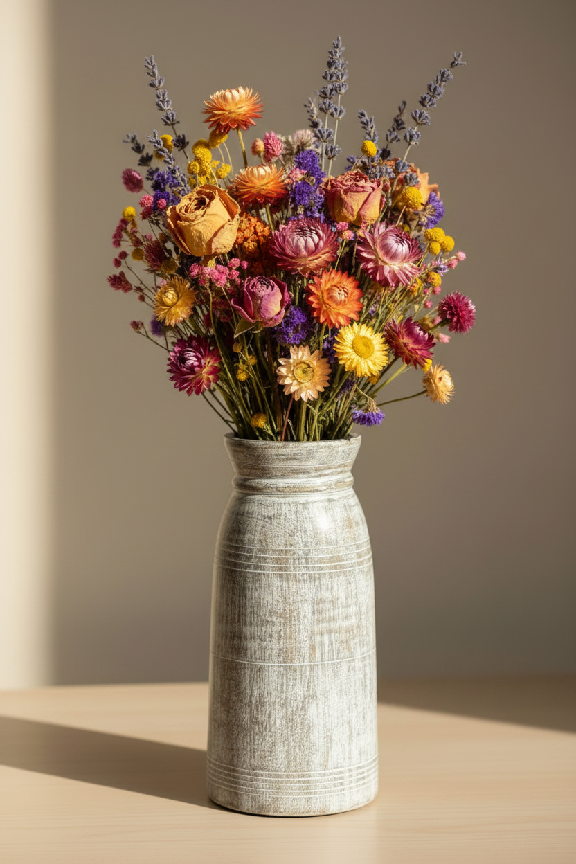 Grey Vase — Dried Colorful Flowers