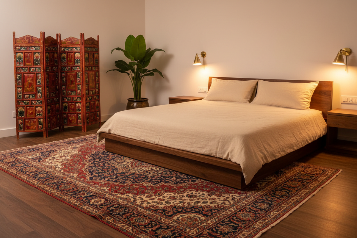 Hand-Painted Rajasthani Room Divider - Bedroom with Plant
