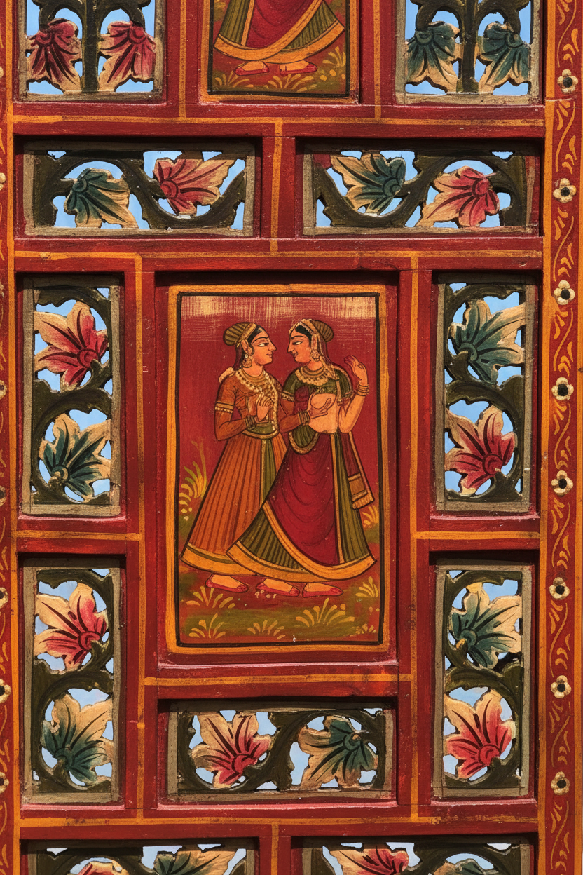 Hand-Painted Rajasthani Room Divider - Close Up Detail