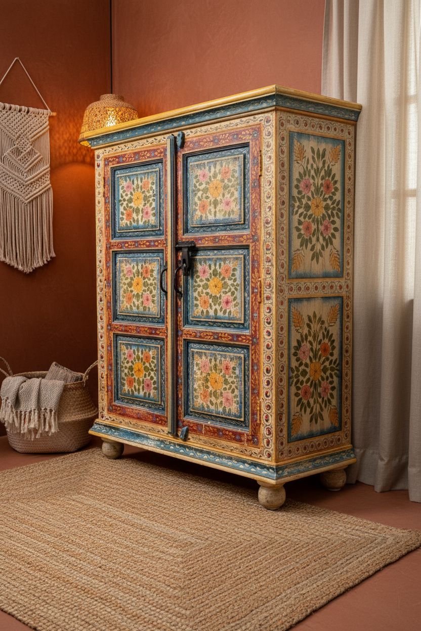 Hand-painted Rajasthani floral wardrobe – left angle showing side carving detail