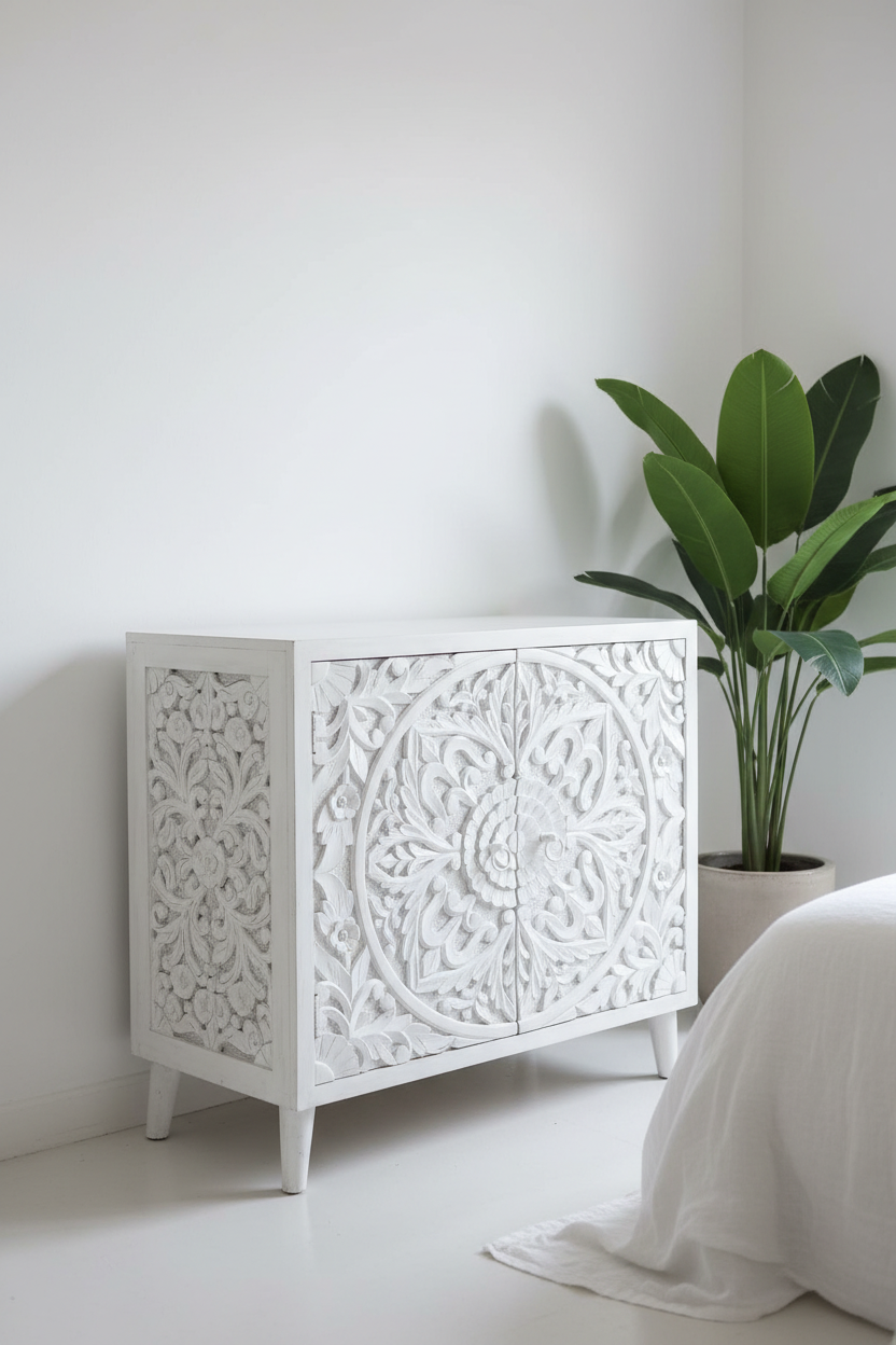 Hand-carved all-white medallion cabinet – left angle in Scandinavian bedroom