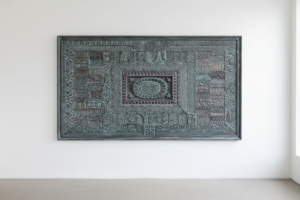 Teal carved wall panel – gallery-style minimalist white hallway centred on wall