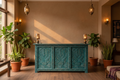 Distressed teal all-carved mango wood reception desk in warm boutique hotel lobby