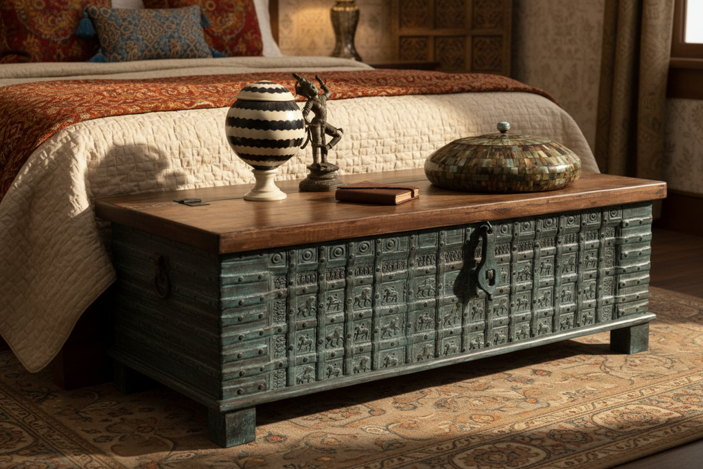 Rajasthani chest – bedroom blanket box at foot of bed