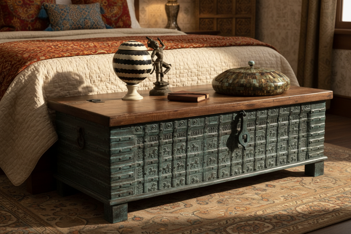 Rajasthani chest – bedroom blanket box at foot of bed