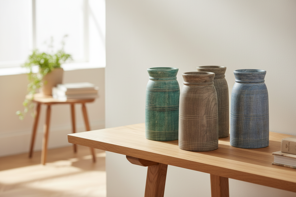 Four distressed colour-wash wood vases grouped on timber console in Scandi-bohemian living room