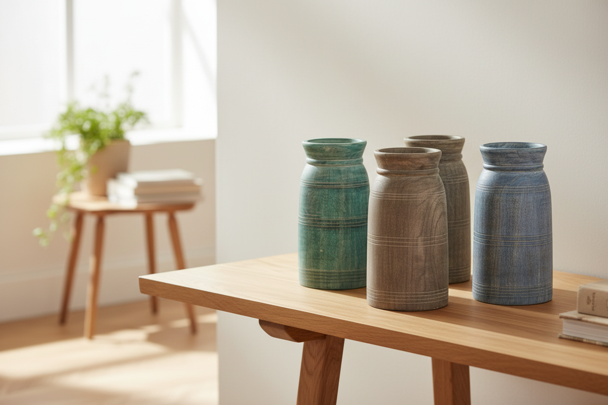 Four distressed colour-wash wood vases grouped on timber console in Scandi-bohemian living room