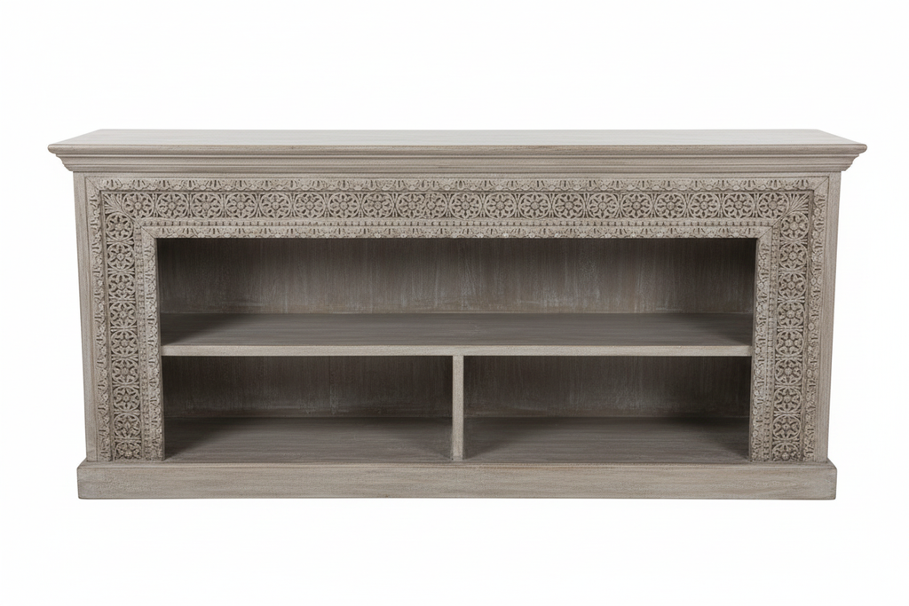 Hand-carved grey whitewash open bookcase console – front view white background
