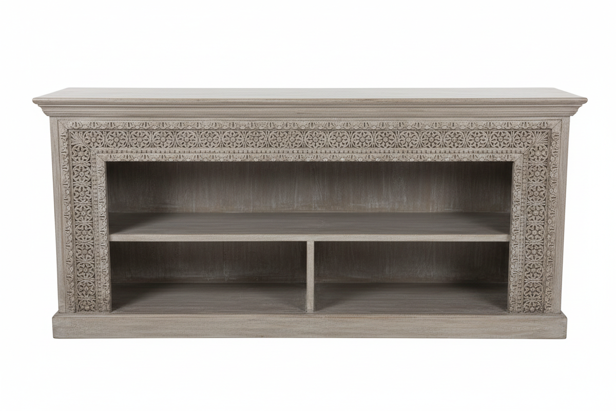 Hand-carved grey whitewash open bookcase console – front view white background