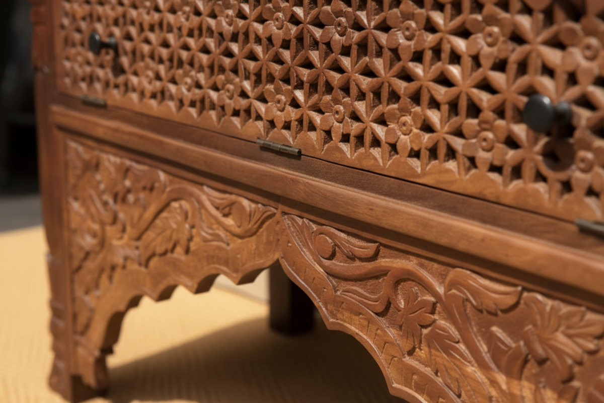 Close-up of jali star lattice drawer and carved Mughal arch apron with bird and floral motifs in natural wood