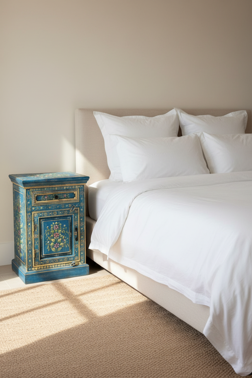 Pair of hand-painted Rajasthani cobalt blue bedside tables flanking a bed in situ