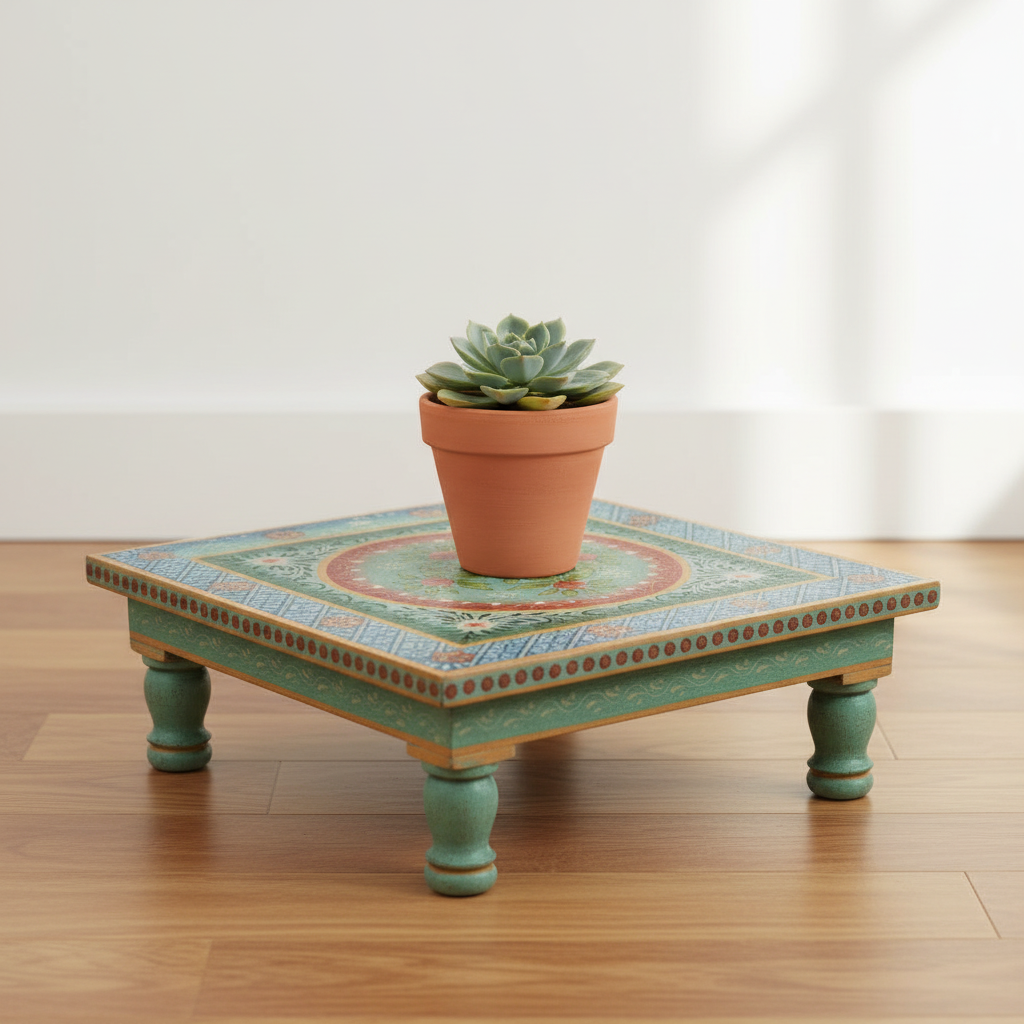 Hand-painted teal Bajot low table – styled as plant stand in minimalist room