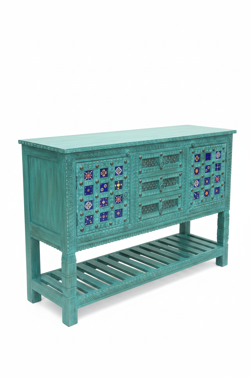 Hand-carved turquoise sideboard with ceramic tile inlays – elevated three-quarter white background