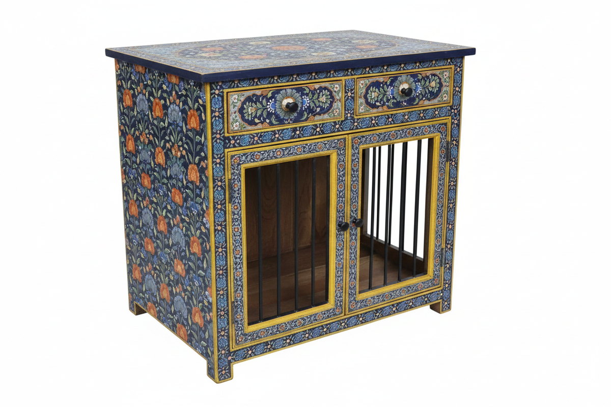 Rajasthani painted dog kennel 3/4 front angle on white background