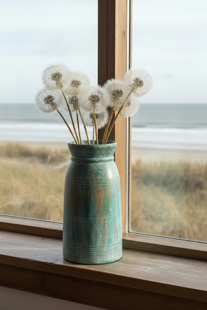 Teal distressed wash mango wood vase with dried dandelions on a windowsill with ocean view