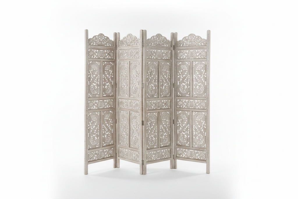 Whitewash floral vine room divider – accordion fold white background