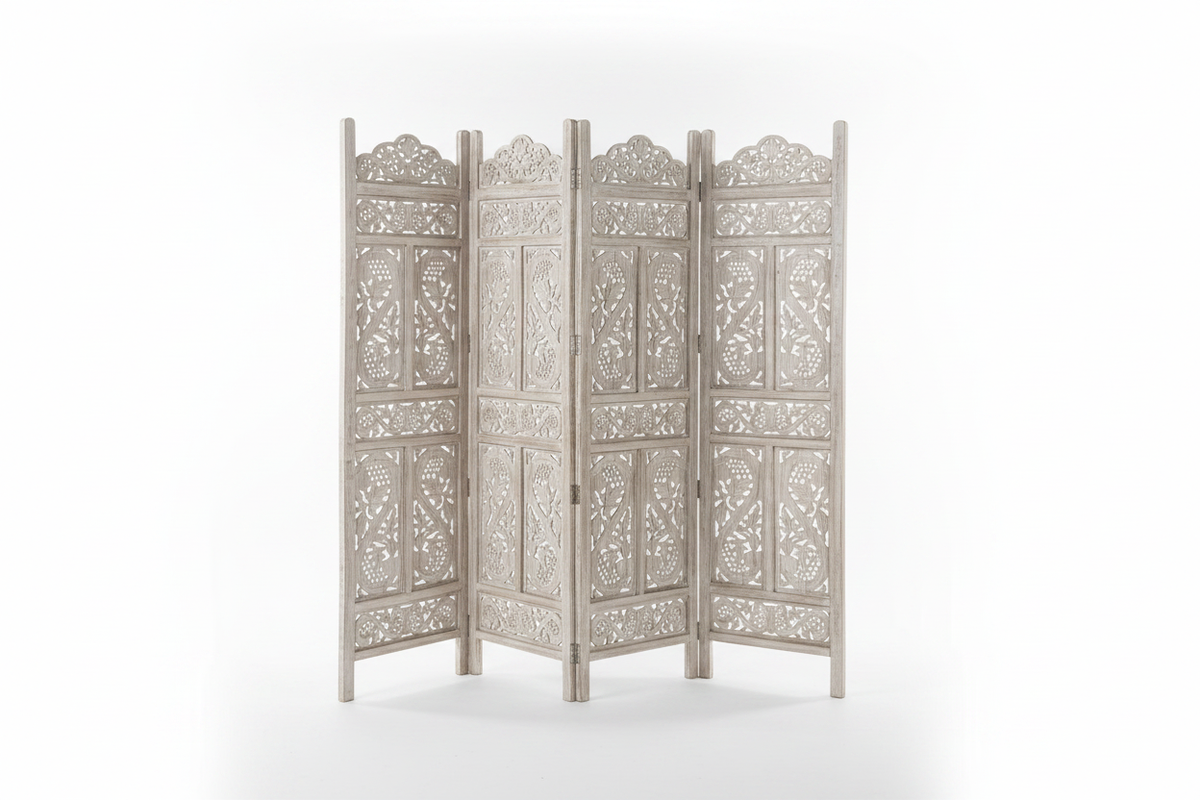 Whitewash floral vine room divider – accordion fold white background