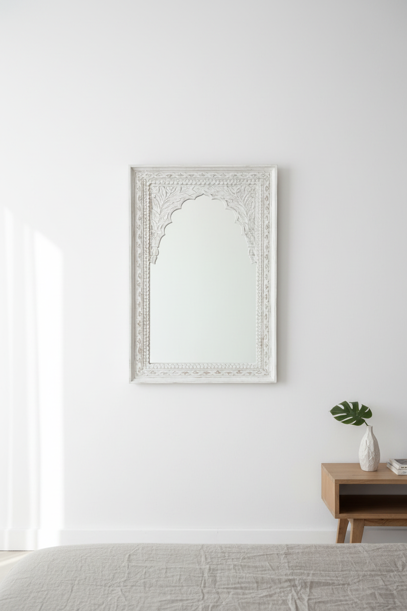 Hand-carved antique white Jharokha mirror – minimalist bedroom with white walls