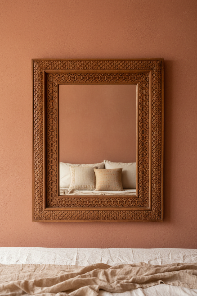 Natural mango wood petal scale mirror – Rajasthani-inspired bedroom
