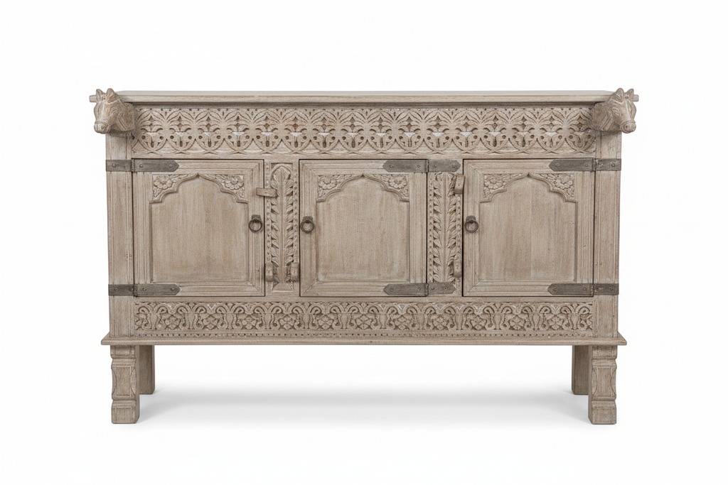 Whitewash three-door sideboard – front view white background