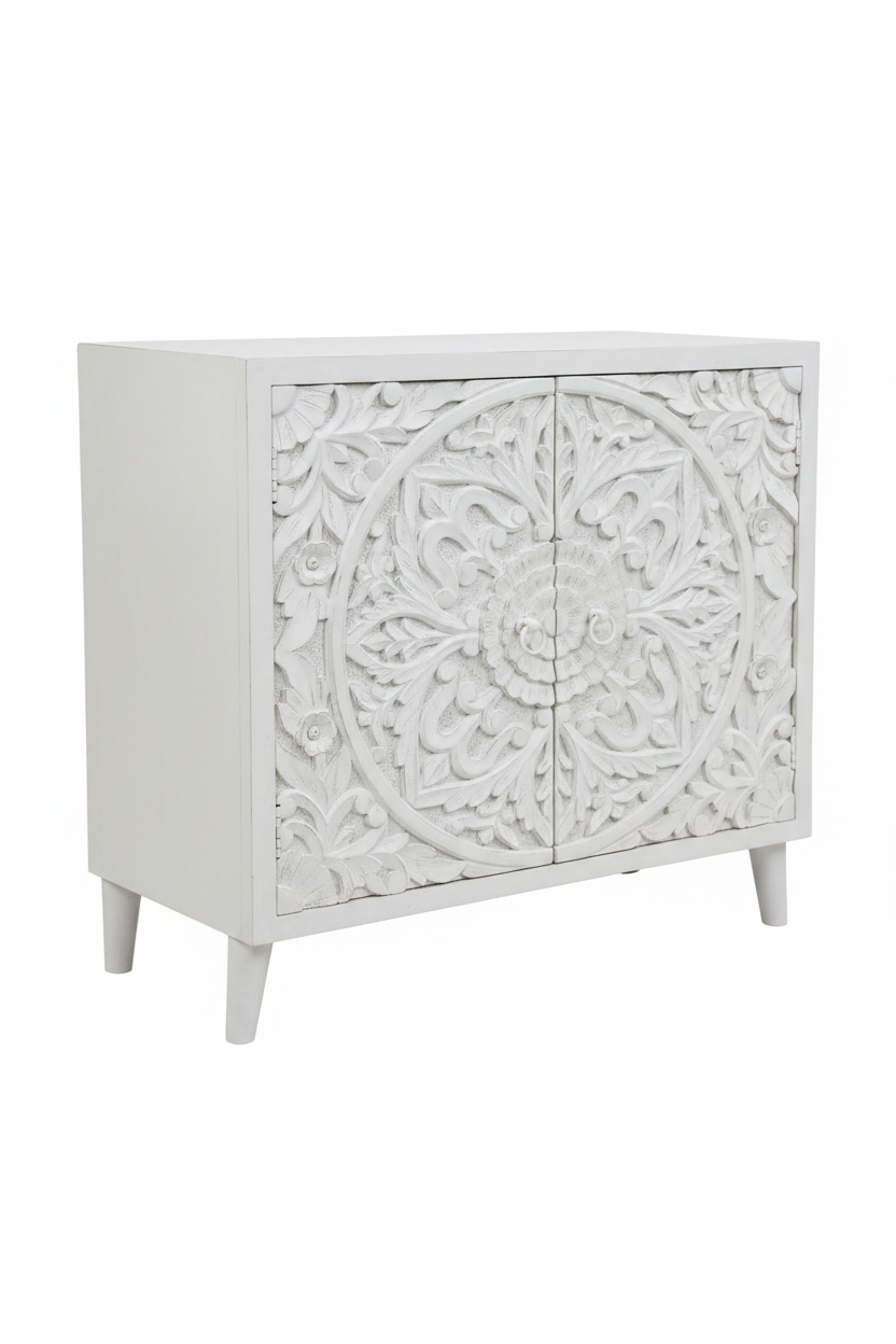 Hand-carved all-white medallion cabinet – left angle white background