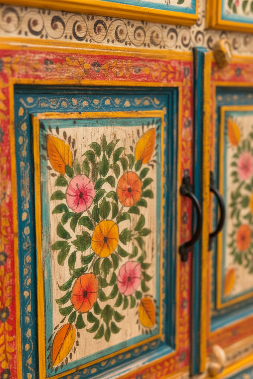 Close-up detail of hand-painted floral motif on Rajasthani cabinet door