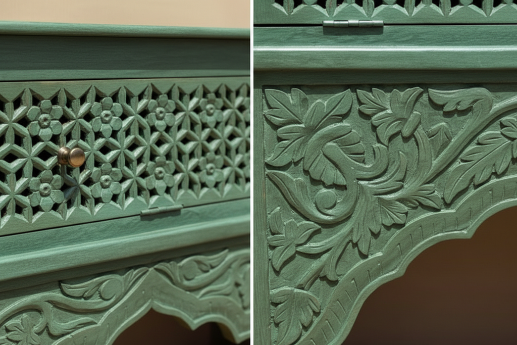Close-up of jali star lattice drawer and carved Mughal arch apron with bird and floral motifs