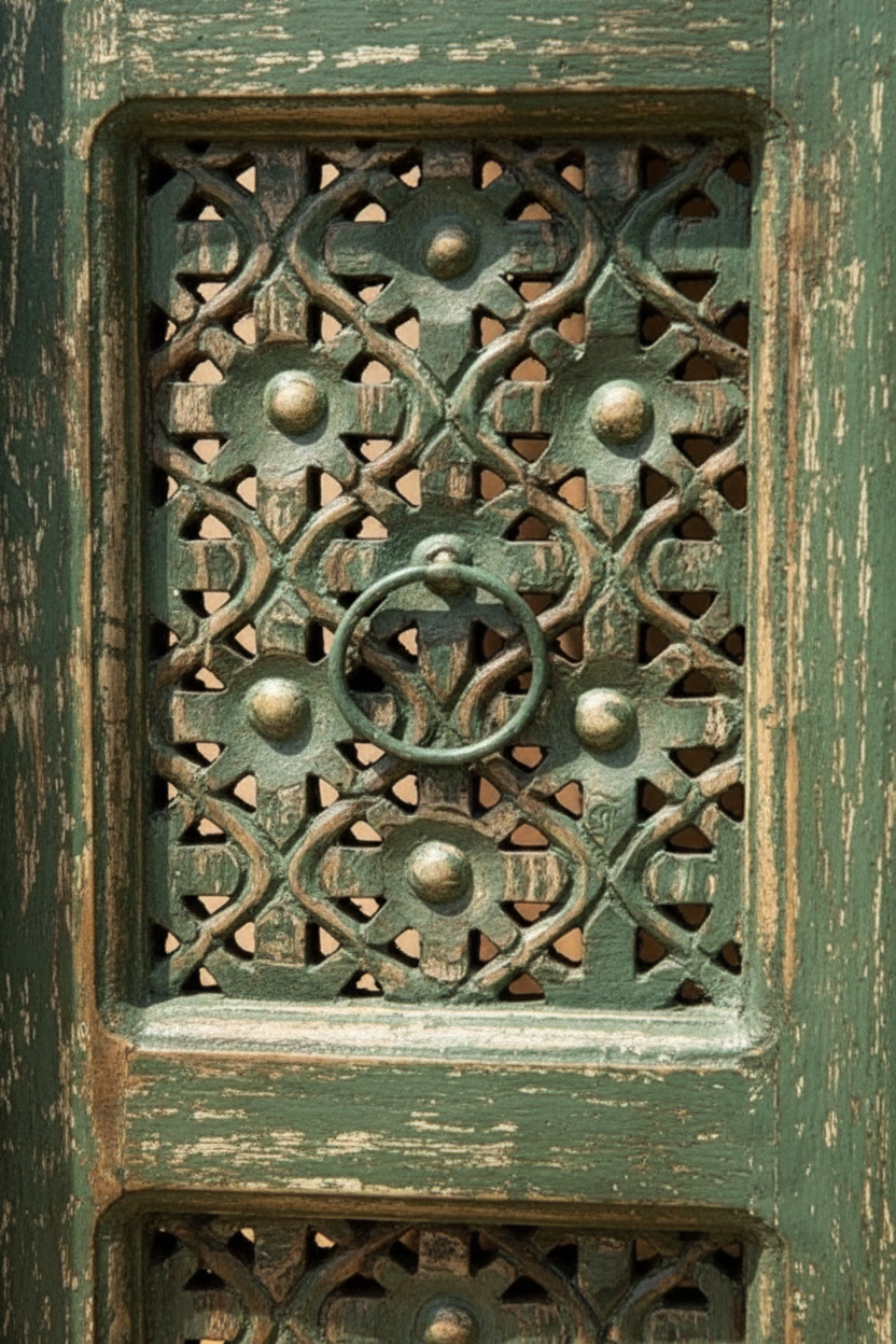 Close-up of hand-carved open jali fretwork on sage green mango wood panel