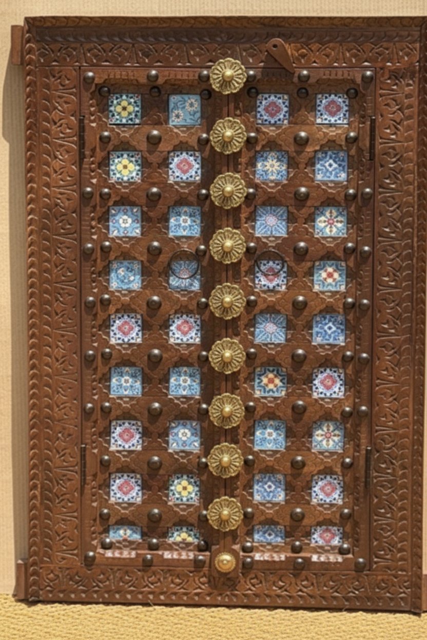 Hand-painted glass tile and brass dome door wall panel – front hero in warm entryway