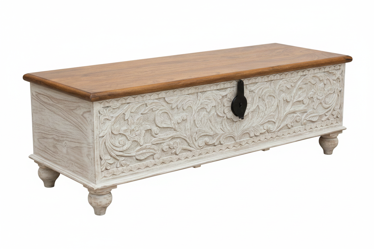 Hand-carved whitewash storage trunk – left angle white background