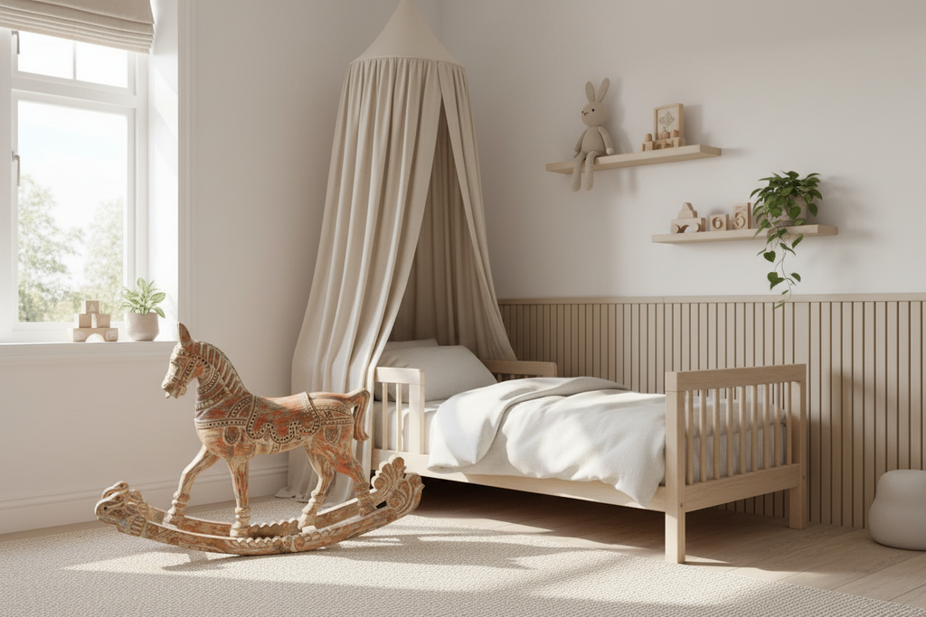 Hand-Carved Painted Rocking Horse in Scandinavian nursery