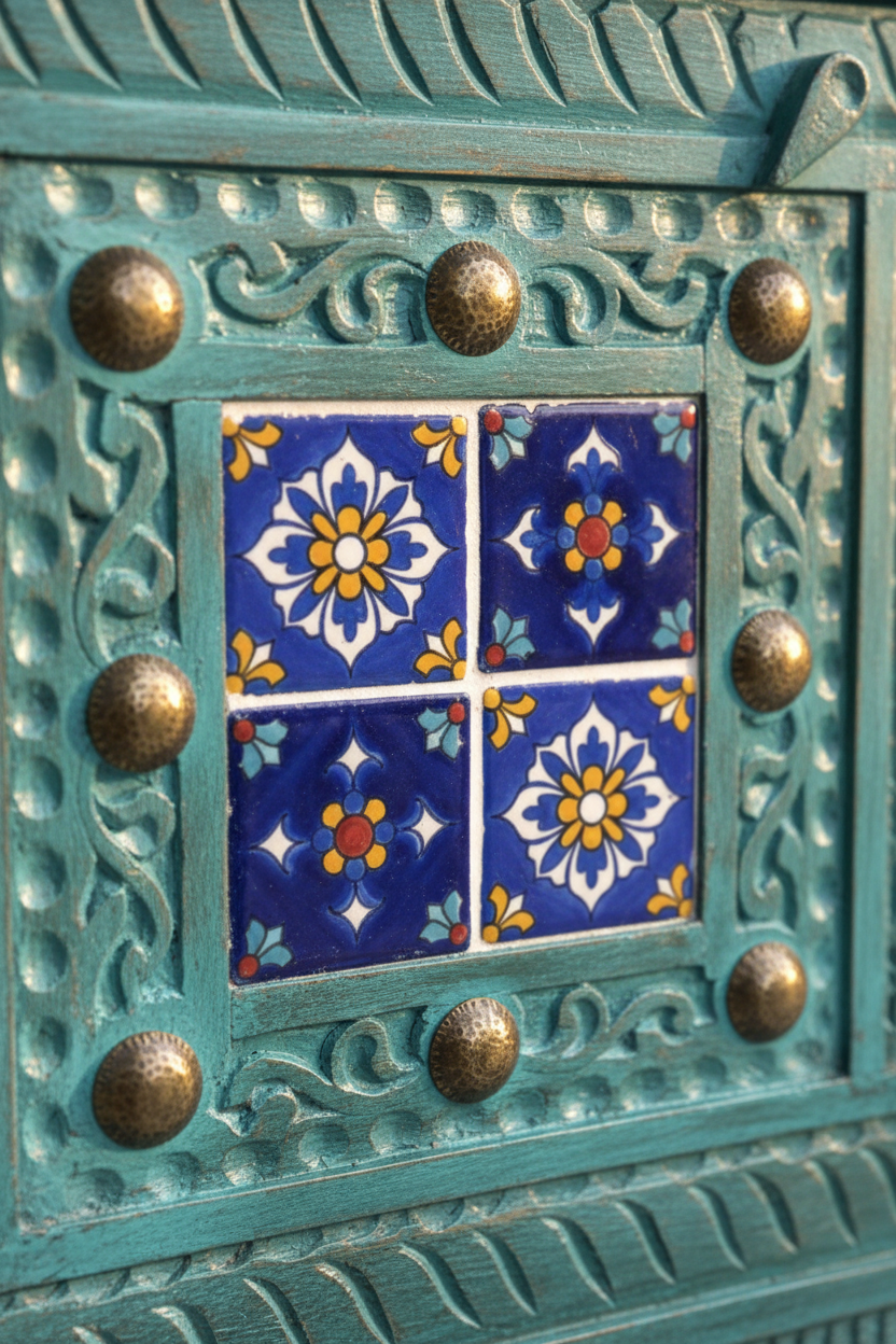 Close-up of hand-painted ceramic tile inlays and brass dome studs on turquoise sideboard door