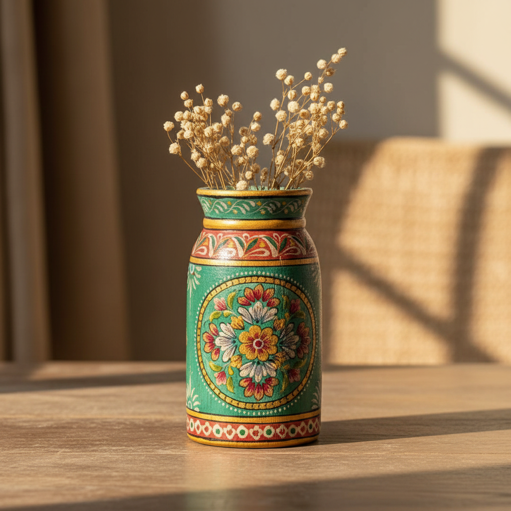 Single teal Rajasthani milk pot vase with dried stems in bohemian room