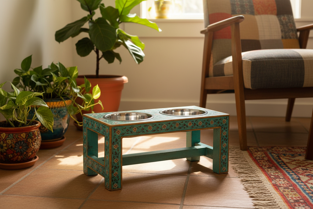 Teal Rajasthani dog bowl stand in eclectic living room corner on terracotta tiles
