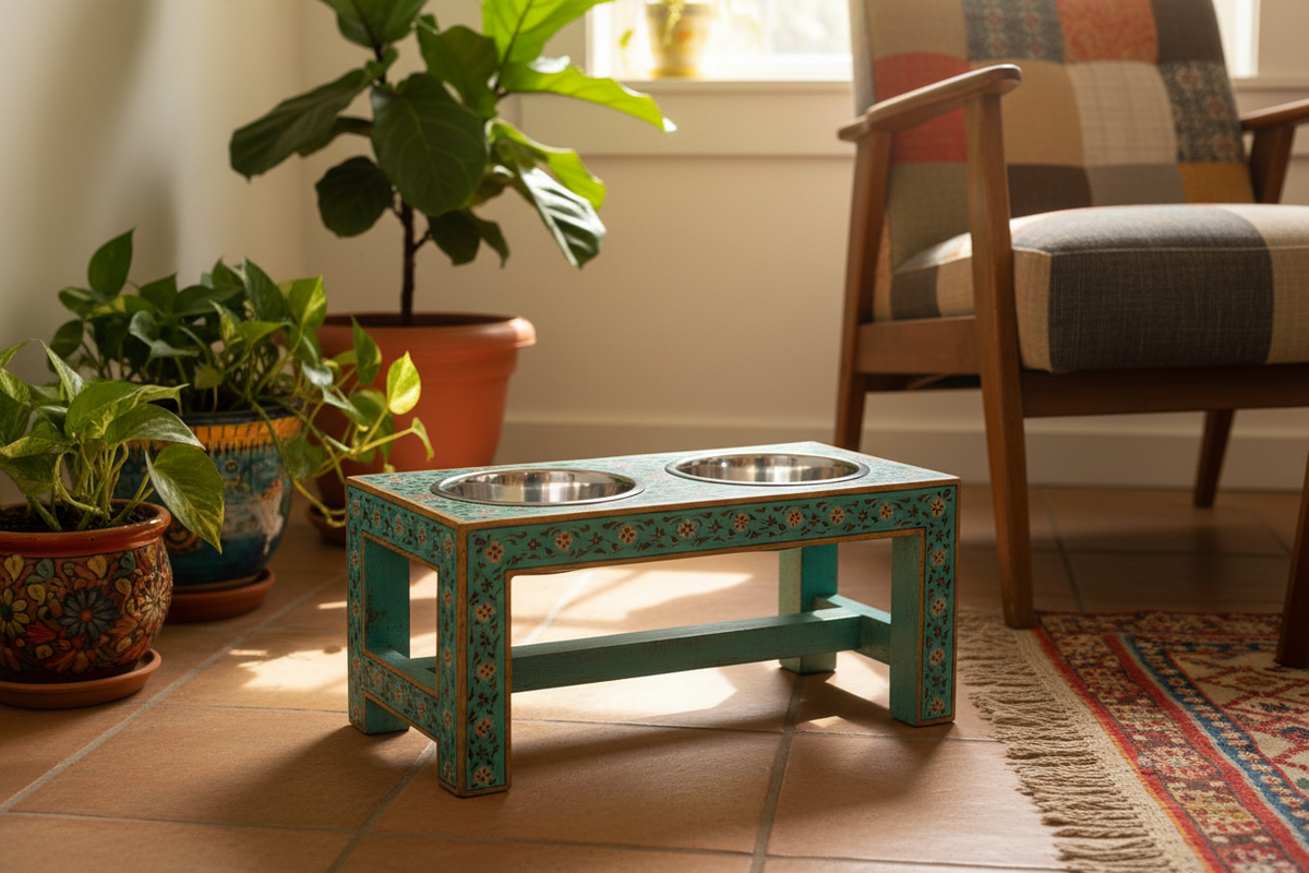 Teal Rajasthani dog bowl stand in eclectic living room corner on terracotta tiles