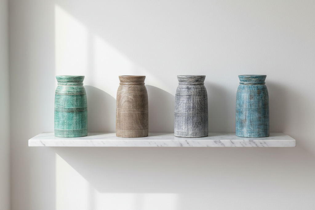 Four distressed colour-wash wood vases on white marble shelf in minimalist room