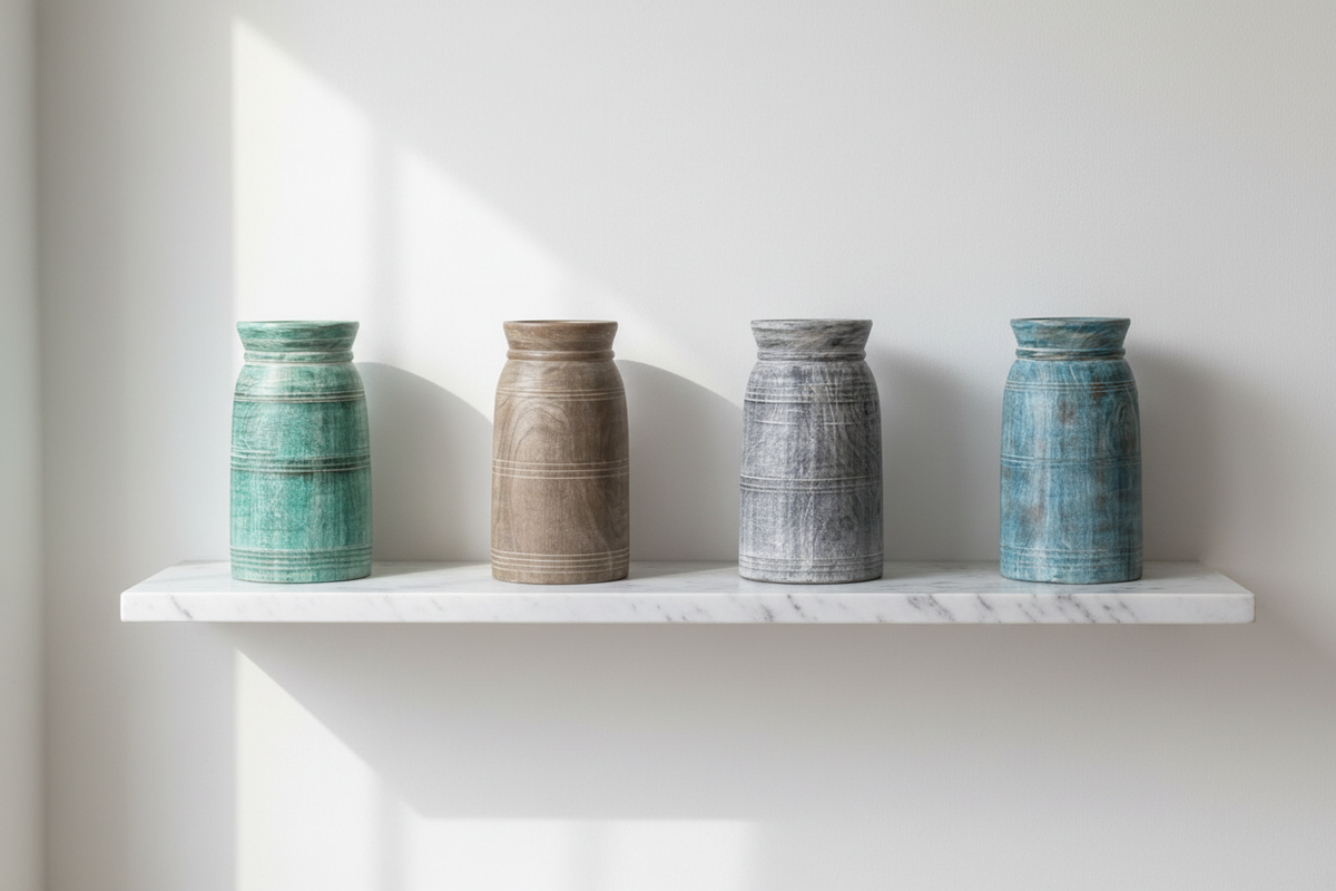Four distressed colour-wash wood vases on white marble shelf in minimalist room