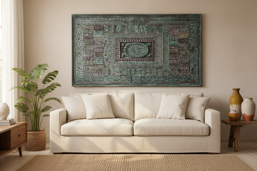 Teal carved wall panel – hero hung above linen sofa in warm eclectic living room