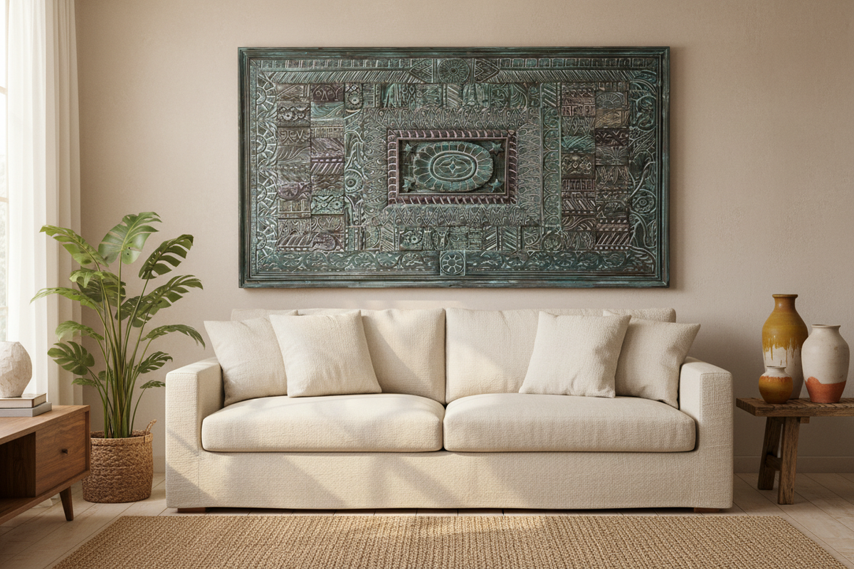 Teal carved wall panel – hero hung above linen sofa in warm eclectic living room