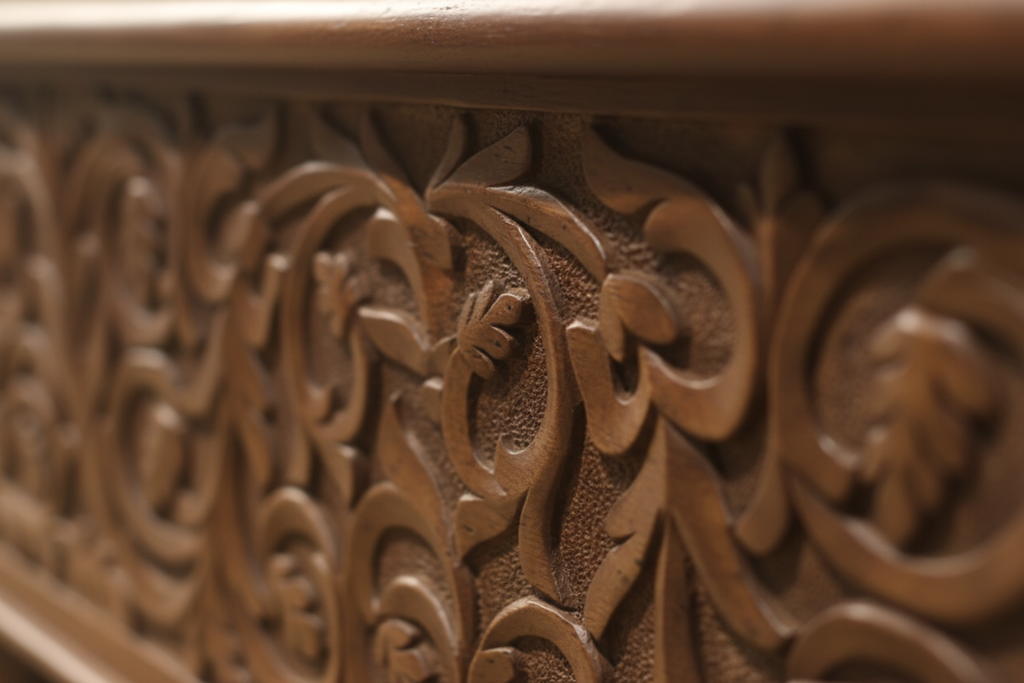 Close-up of hand-carved scrolling floral vine relief on mango wood trunk front panel