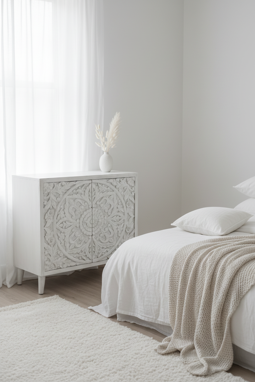 Hand-carved all-white medallion cabinet – elevated three-quarter in white bedroom