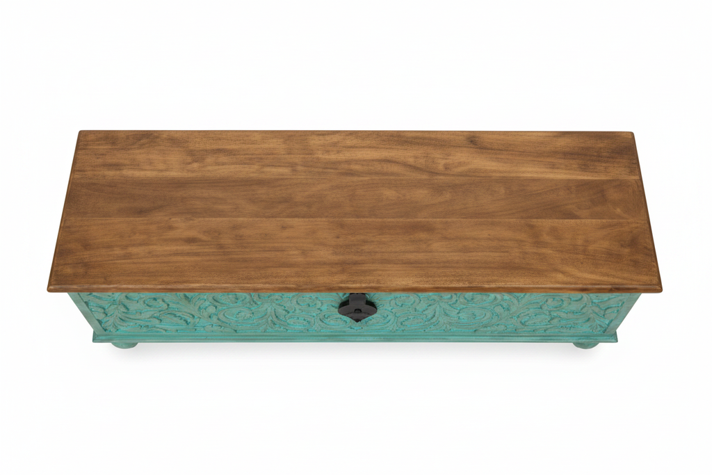 Hand-carved turquoise mango wood storage trunk – top-down bird's eye view white background