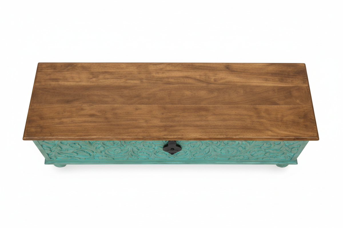 Hand-carved turquoise mango wood storage trunk – top-down bird's eye view white background
