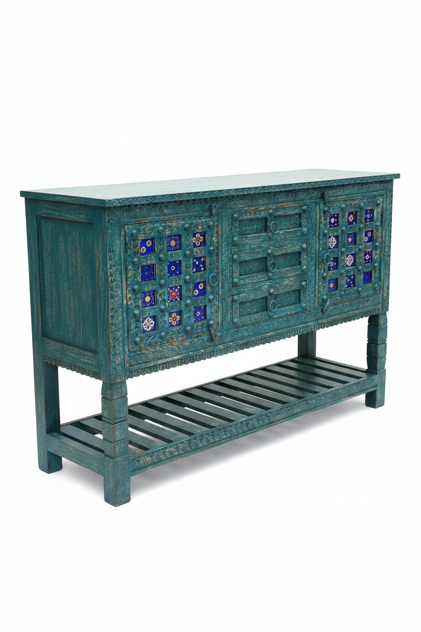 Hand-carved deep teal sideboard – left angle white background