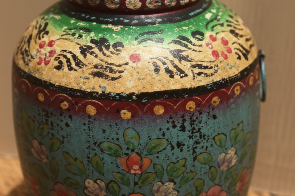 Close-up of ivory yellow shoulder with dark scrolling vine and dot-work border stripe on teal metal urn vase